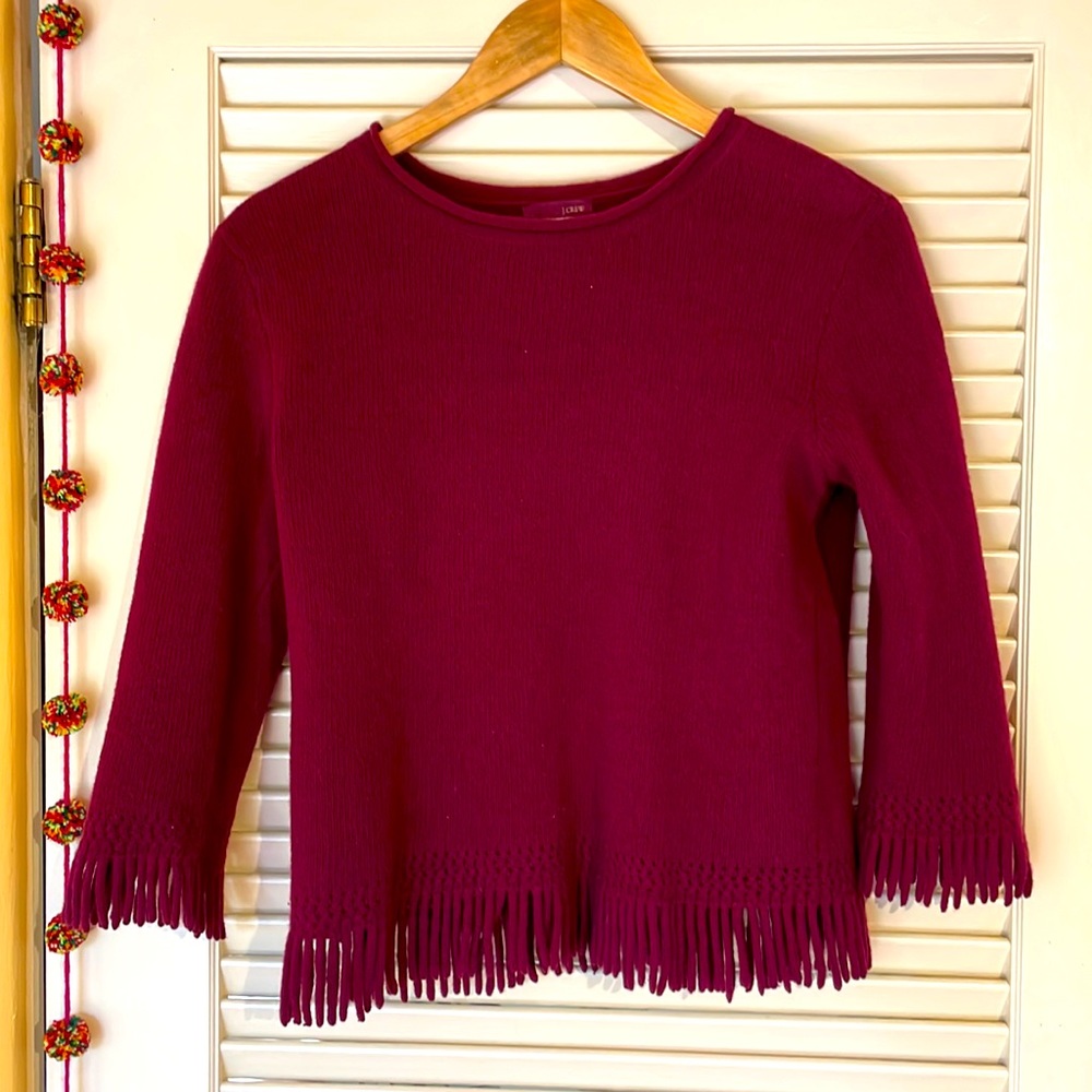 J. Crew Merlot wool sweater with fringe trim size M.